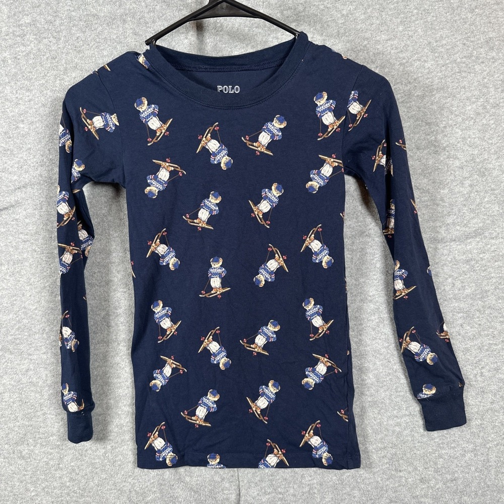 Polo Ralph Lauren Boys Size 12 Navy Blue Ski Bear Long Sleeve Cotton T-Shirt